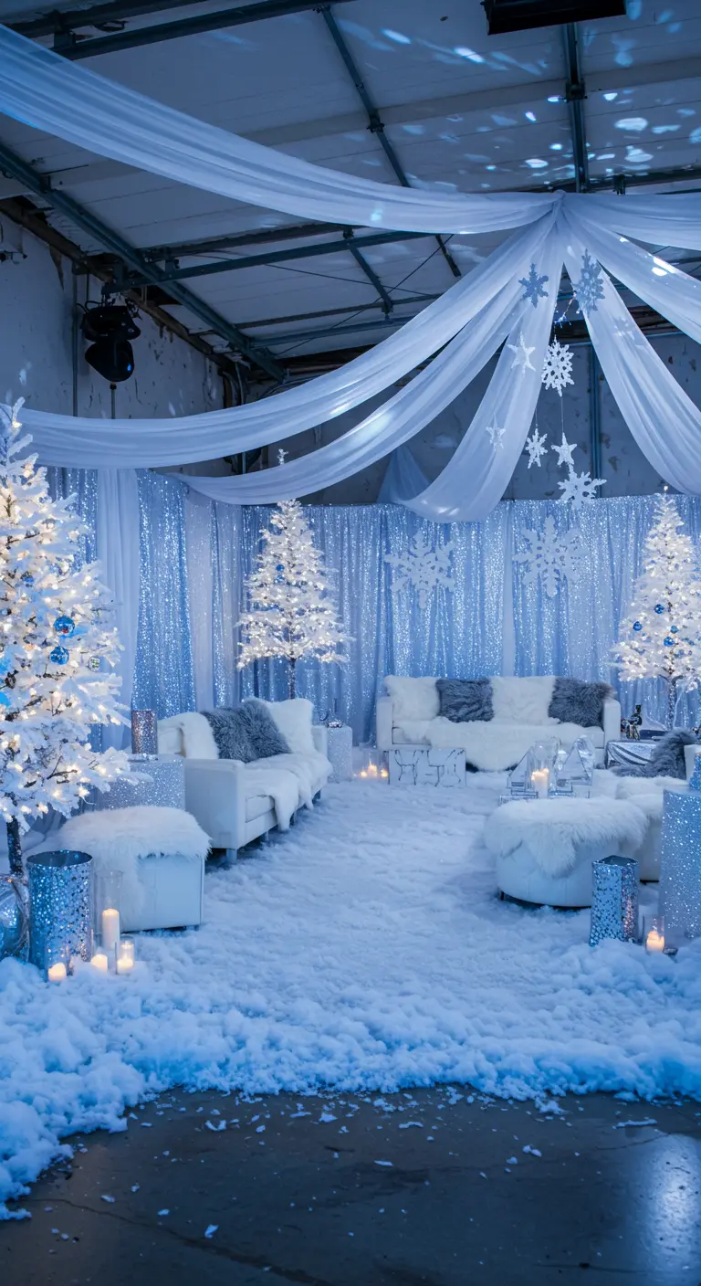 Winter wonderland feest in garage met kunstsneeuw, witte kerstbomen en blauw licht.