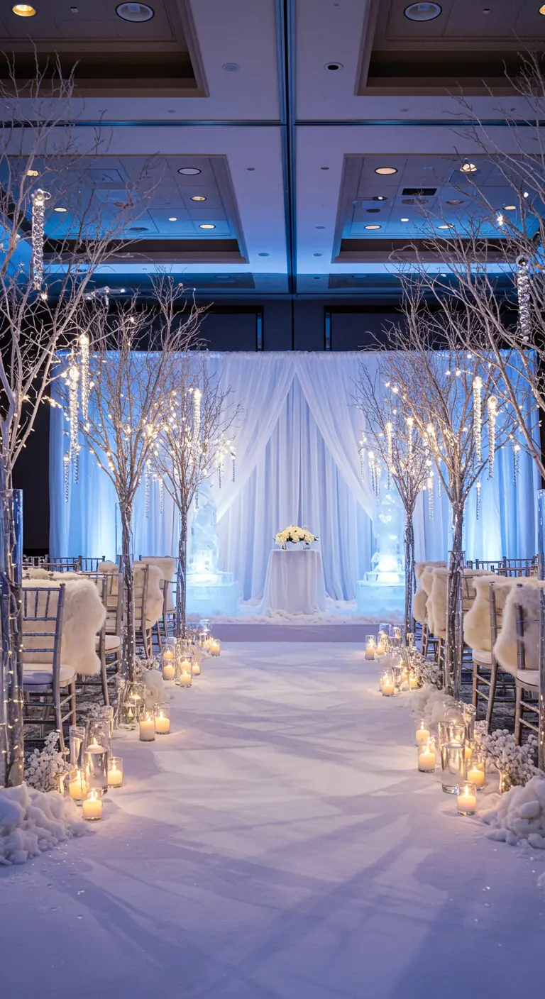 Winter wonderland bruiloftsceremonie met witte takken, lichtjes, kunstsneeuw en kaarsen.