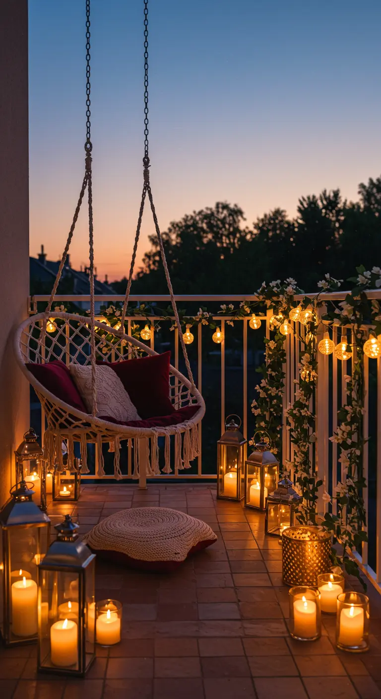Macramé hangstoel op balkon 's avonds, verlicht door lichtsnoeren en vele kaarslantaarns.