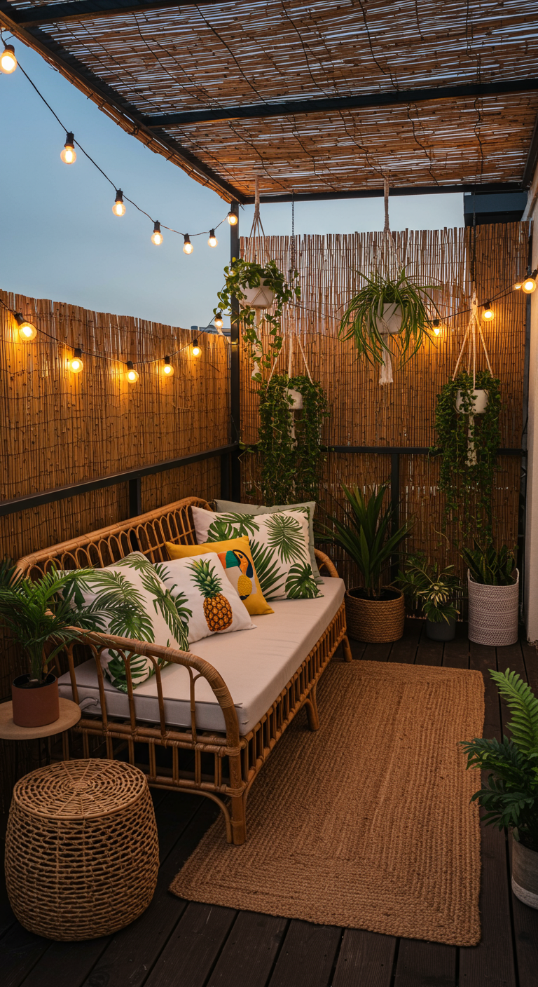 Sfeervol verlicht balkon 's avonds met rotan bank, tropische kussens en bamboe afscheiding.