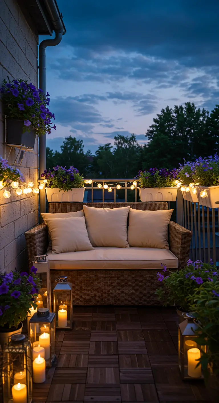 Romantisch verlicht balkon 's avonds met rieten bank, lantaarns, kaarsen en paarse bloemen.