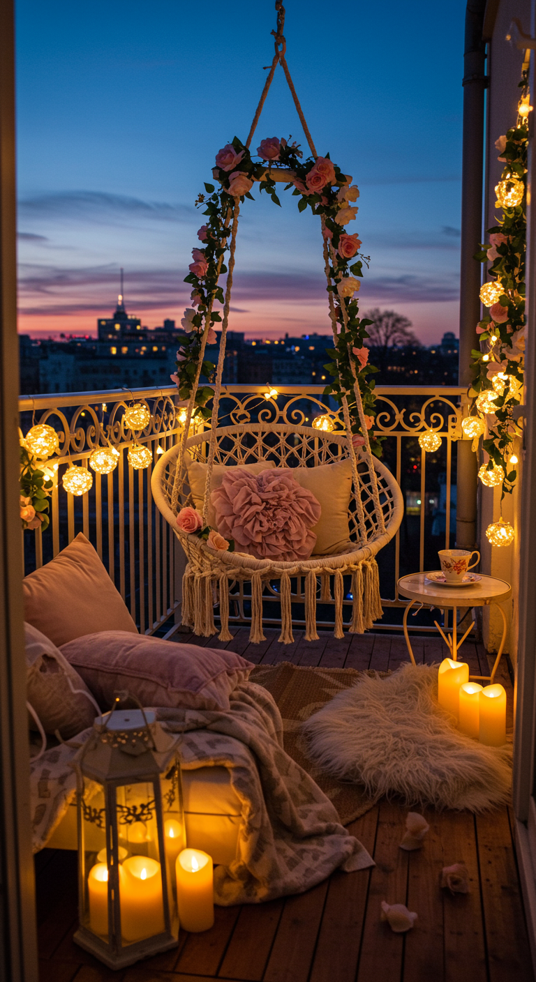 Hangstoel 's avonds op balkon, versierd met lichtjes en bloemen, omringd door kaarsen.