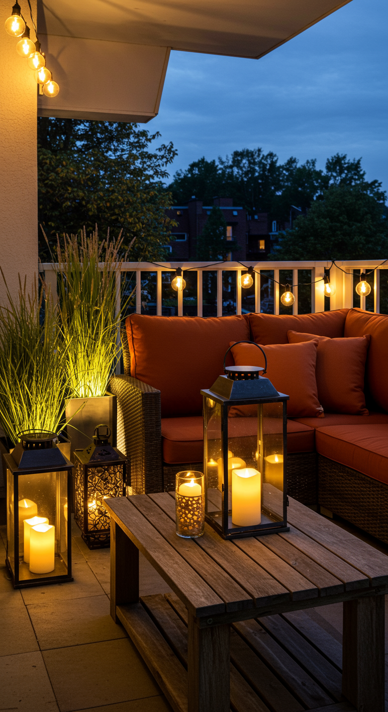 Balkon 's avonds met loungeset, lantaarns met kaarsen, en een lichtsnoer voor sfeerverlichting.