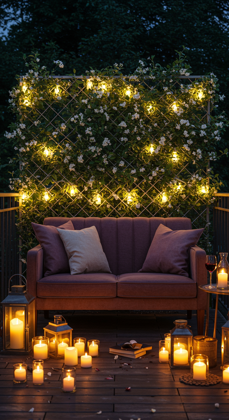 Romantisch verlicht balkon met bankje, klimplantenwand met lichtjes en veel brandende kaarsen.