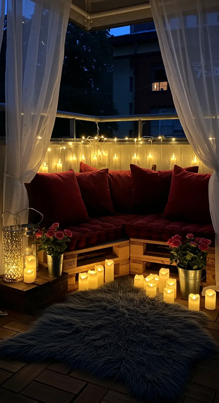 Romantisch balkon in de avond met rode kussens, lichtslingers, witte gordijnen en veel kaarsen in lantaarns.