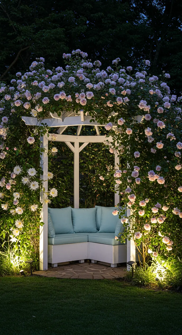 Witte pergola met zachtroze klimrozen en hoekbank, sfeervol verlicht in de avond.