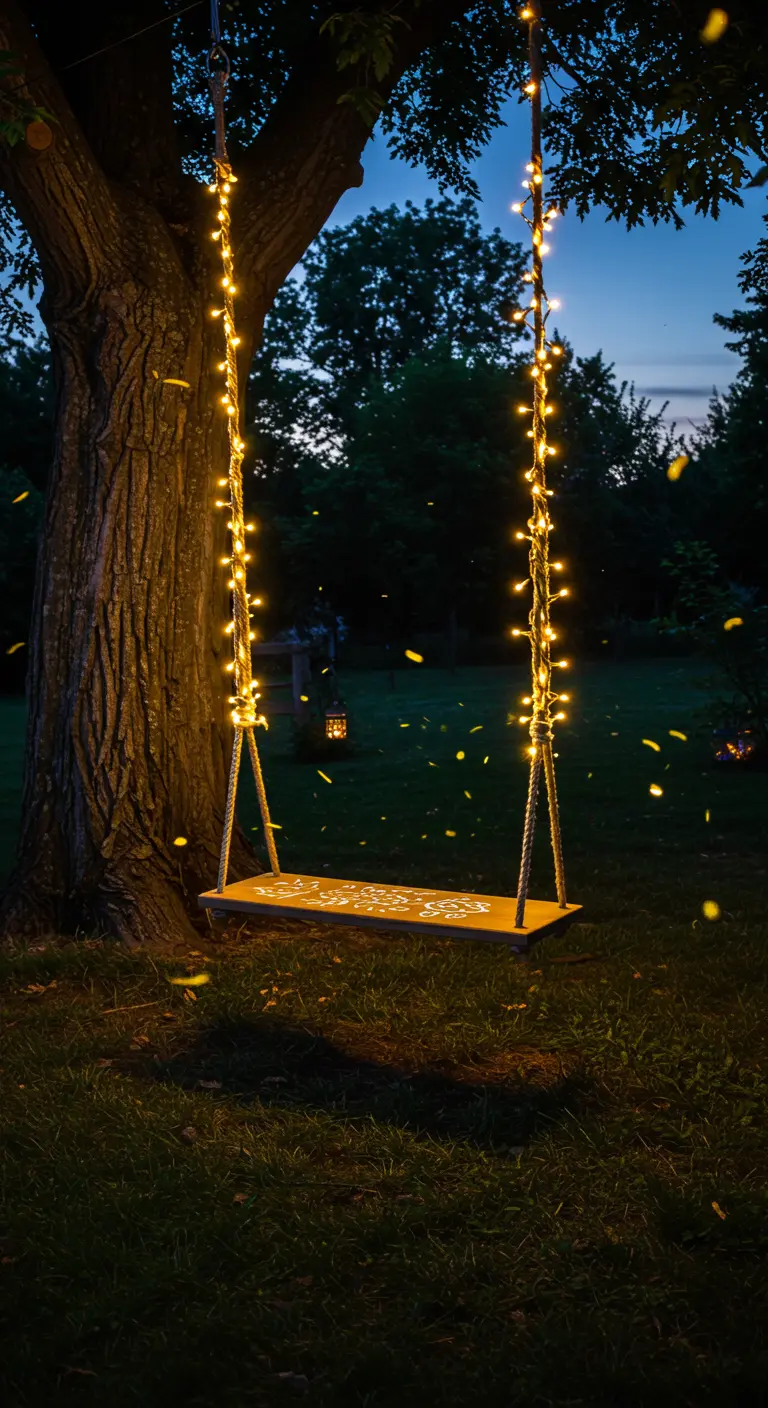 Houten schommelplank met lichtjes verwerkt in de touwen, 's nachts in de tuin.