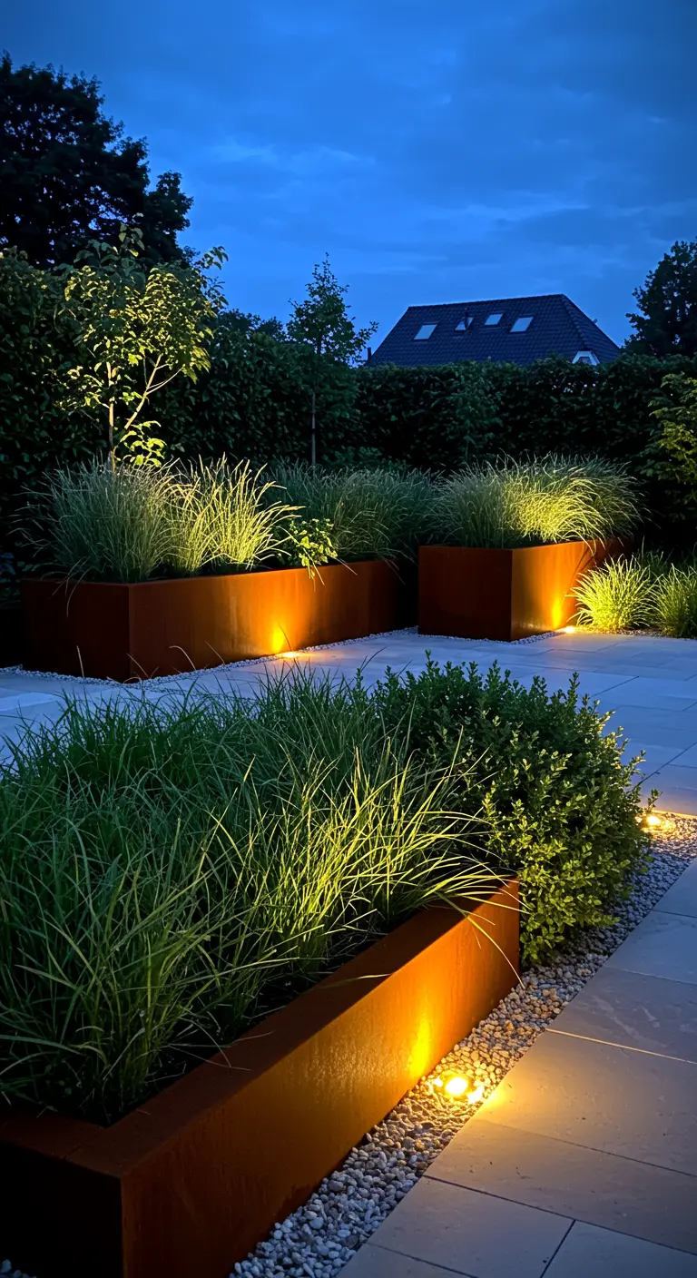 Tuin bij nacht met verlichte cortenstalen plantenbakken vol siergrassen.