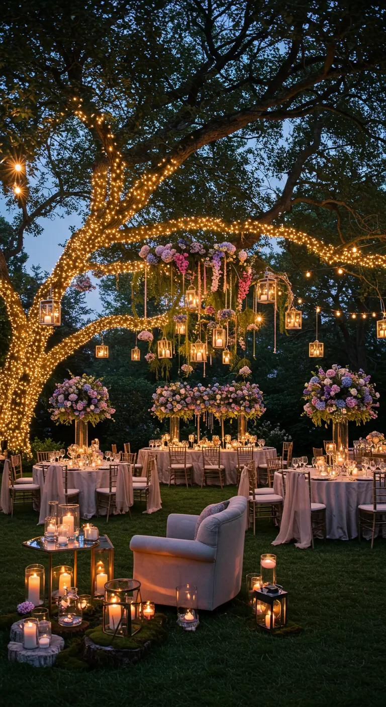Betoverende avondtuin met lichtslingers, lantaarns en bloemdecoraties.