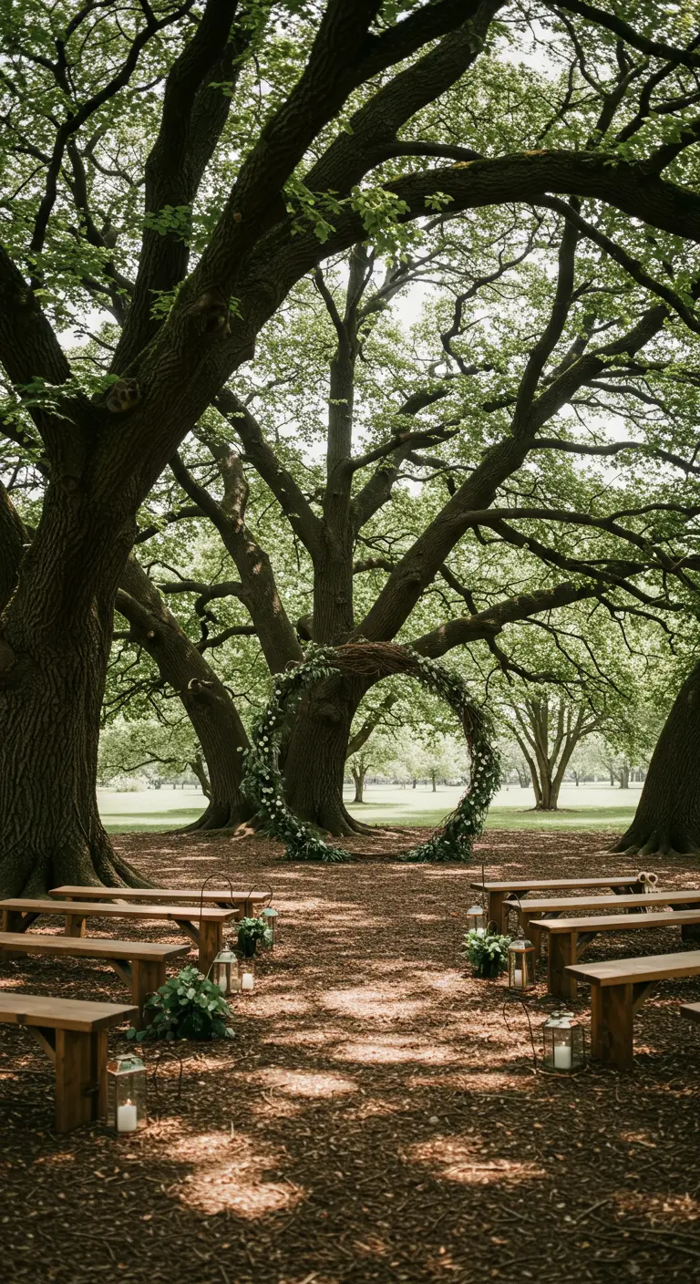 Boscermonie met grote, ronde groene boog en houten bankjes onder majestueuze bomen.