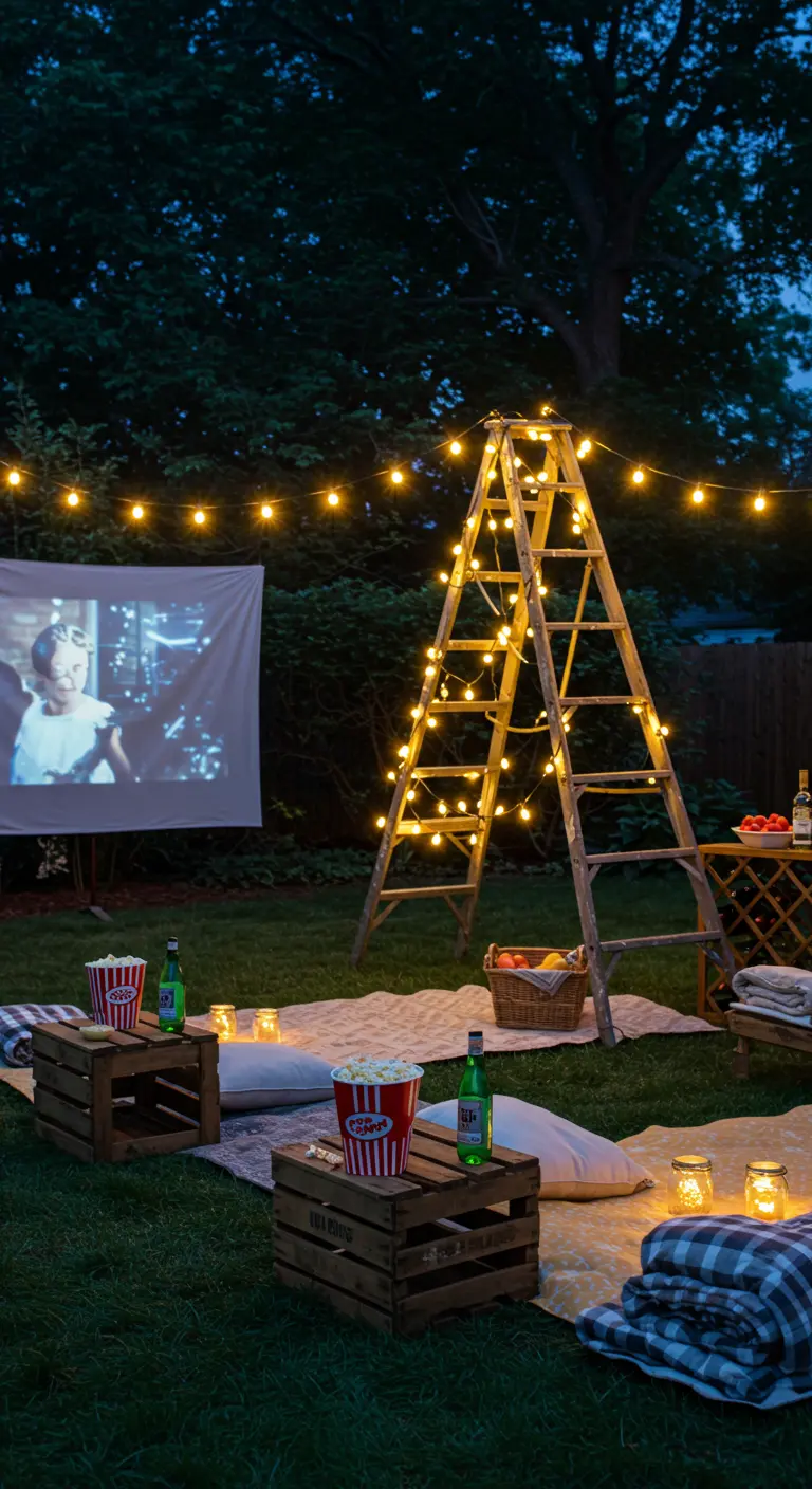 Buitenbioscoopsetting met een ladder versierd met lichtjes, kratten als tafeltjes voor popcorn.