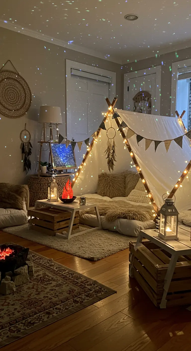 Sfeervolle indoor tipi tent met lichtjes, kussens en sterrenprojectie.