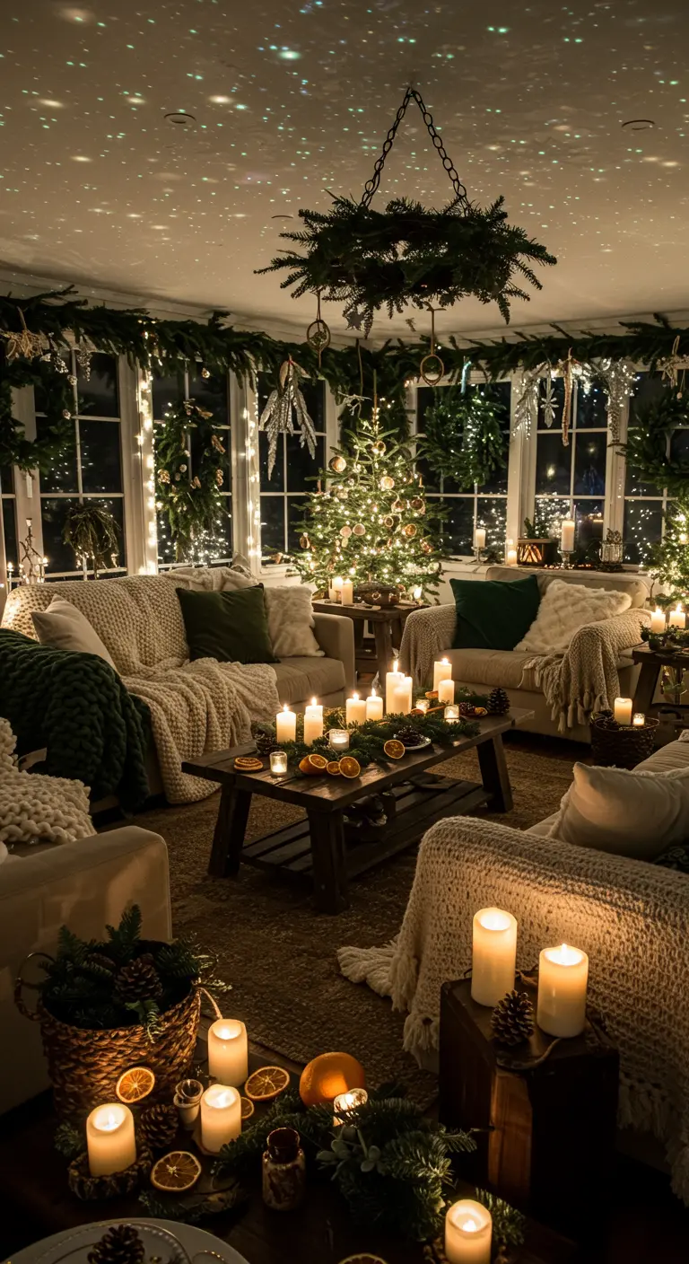 Woonkamer met warme kerstverlichting, kerstboom en veel kaarsen.