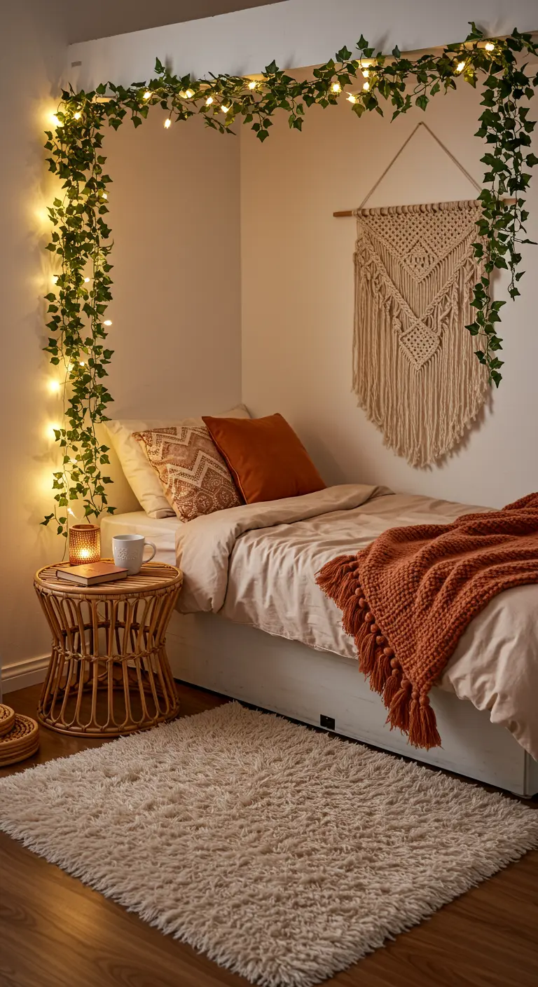 Kleine slaapkamer met lichtslingers en klimop, rotan nachtkastje en macrame wandhanger.