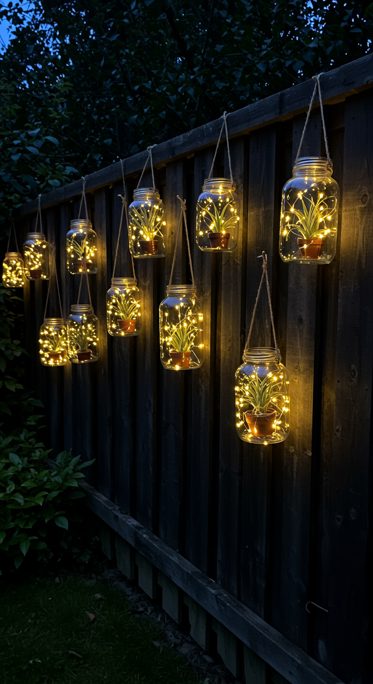 Donkere houten schutting met hangende glazen potten met lichtjes en plantjes erin.