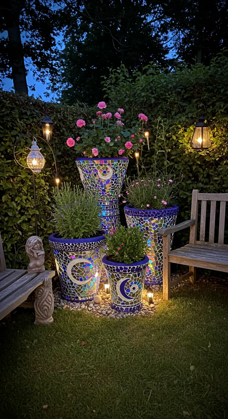 Blauwe mozaïekpotten met maan- en stersymbolen, verlicht in een avondtuin.