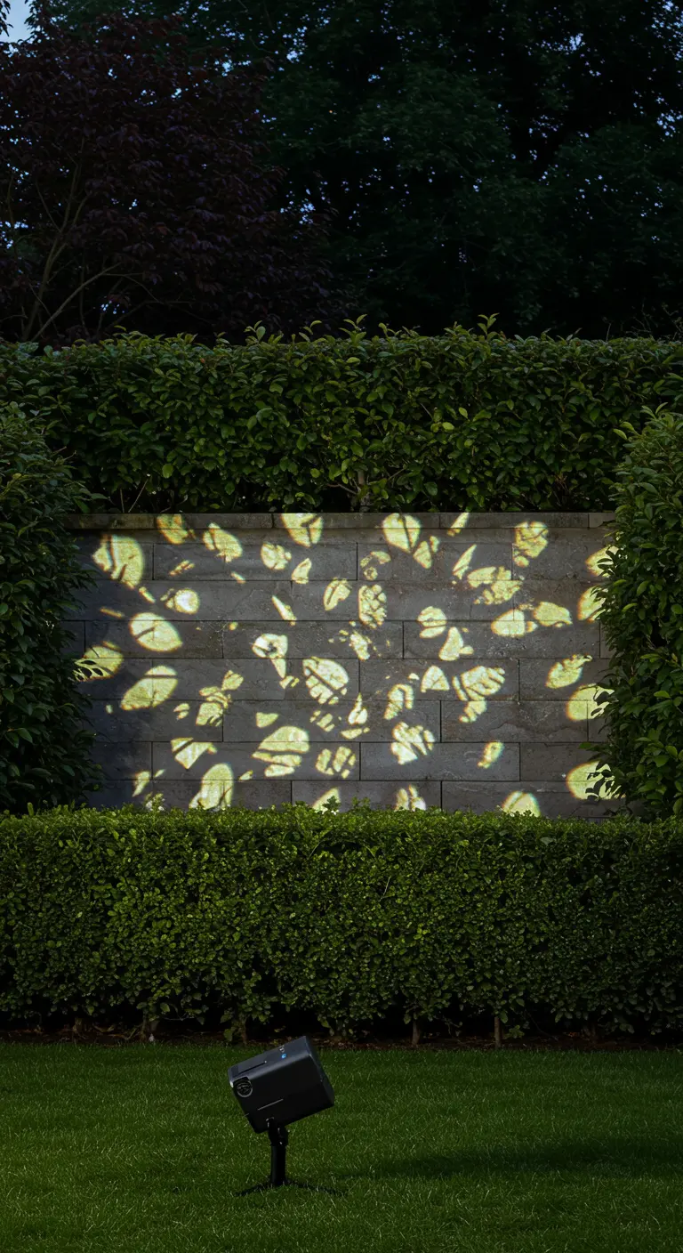 Lichtprojector projecteert een sfeervol bladermotief op een stenen tuinmuur.
