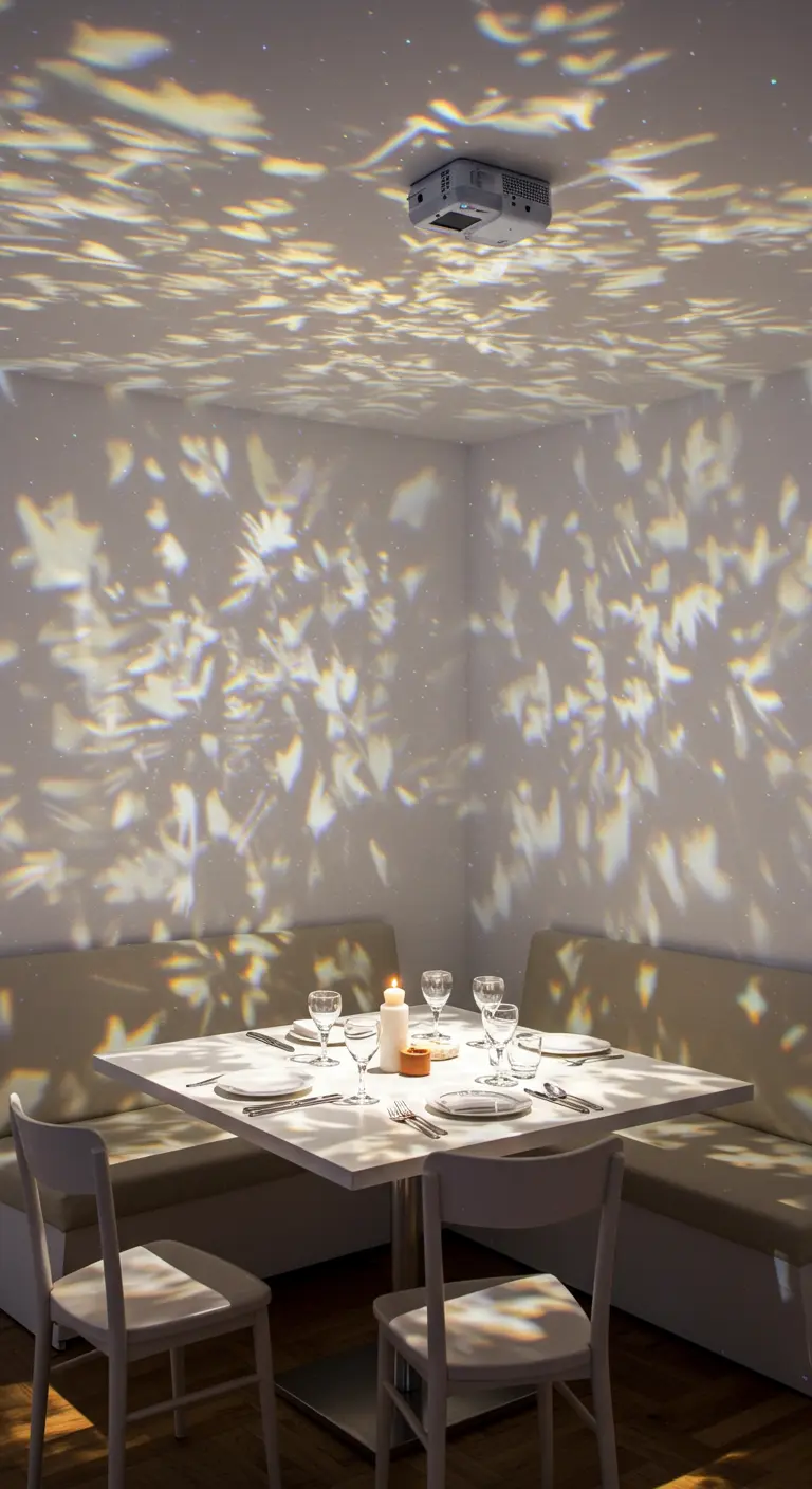 Eethoek waarbij een projector een abstract lichtpatroon op de muren en het plafond werpt.