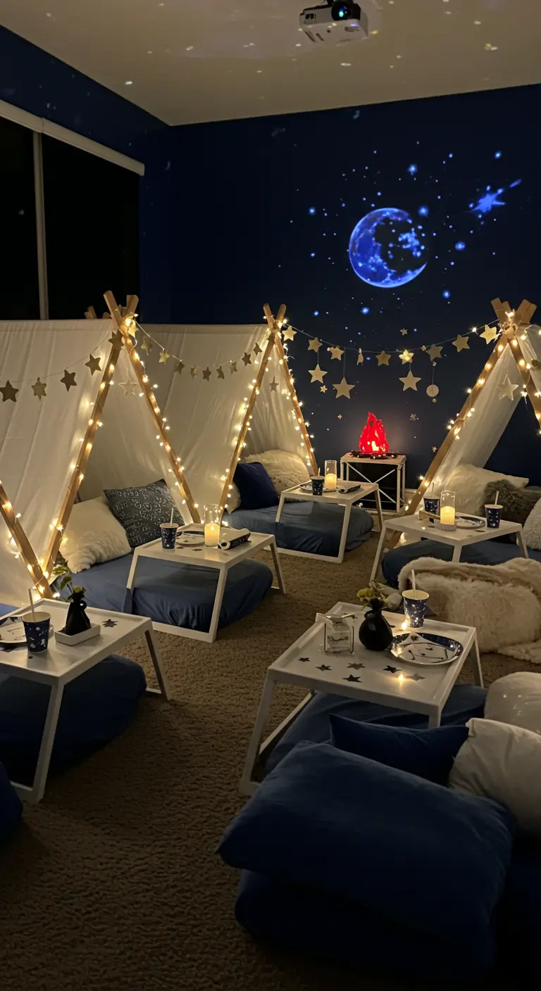 Slaapfeestje met tipi-tentjes en sterrenhemel projectie.