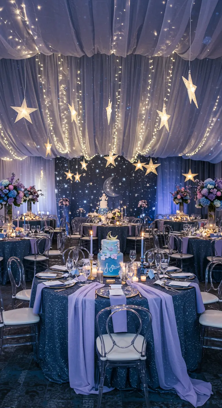 Babyshower met donkerblauw en paars sterrennacht thema en fairy lights.