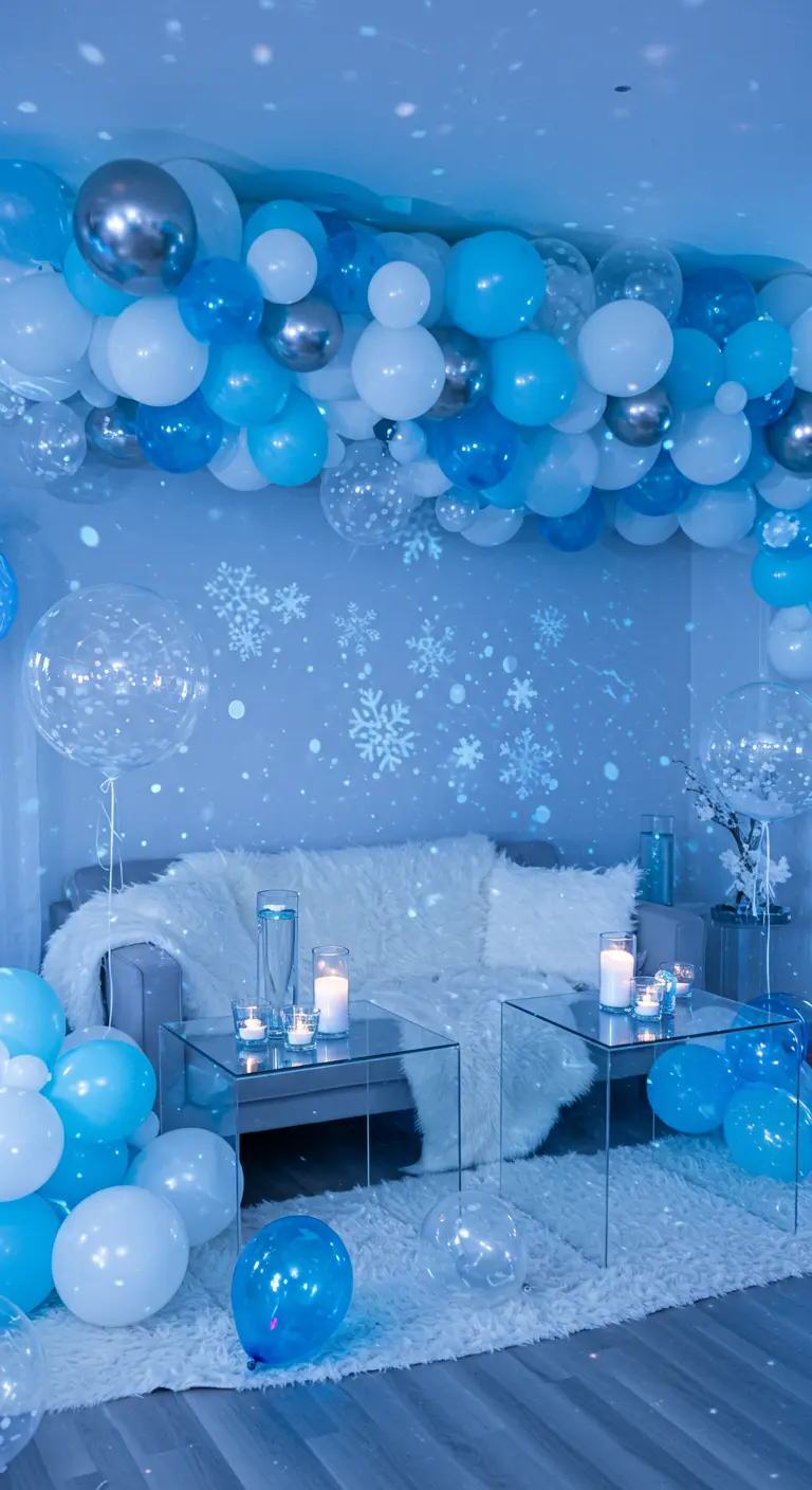 Woonkamer in winter wonderland thema met blauw-witte ballonnen en sneeuwvlokkenprojectie.