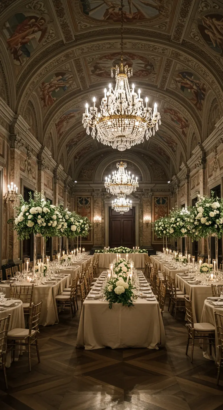 Grote Italiaanse feestzaal met hoge bloemstukken en kroonluchters.