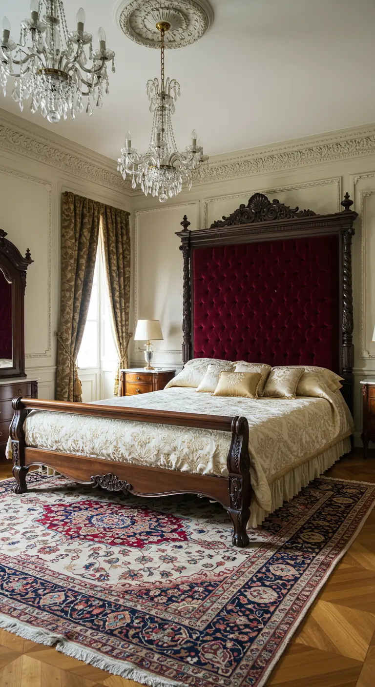 Klassiek bed met hoog bordeauxrood fluwelen hoofdbord en sierlijk houtsnijwerk, kroonluchters.