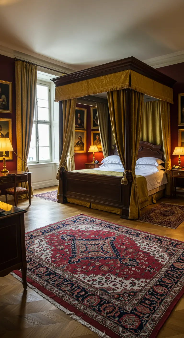 Statige slaapkamer met donkerrood, goudkleurig hemelbed, Perzisch tapijt en klassieke portretten.