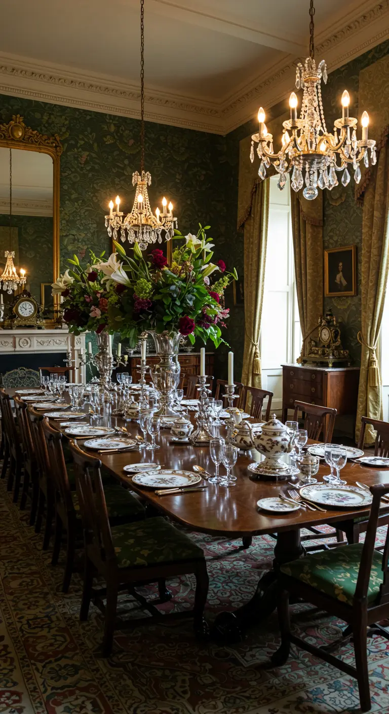 Majestueuze eetkamer met groene muren, brokaat gordijnen en zilveren tafeldecoratie.