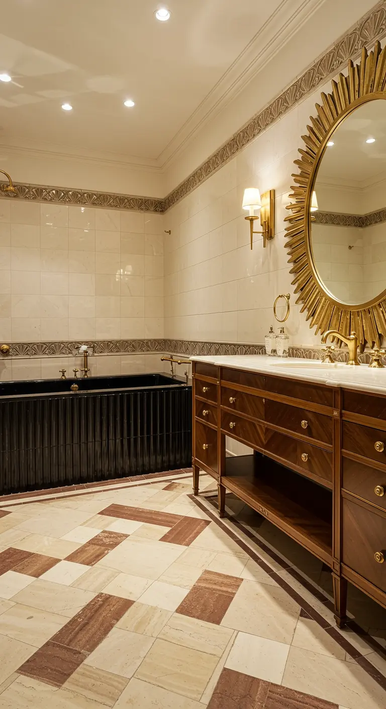 Royale badkamer met geometrische bruin-crème vloer, groot gouden zonnespiegel en donker badmeubel.