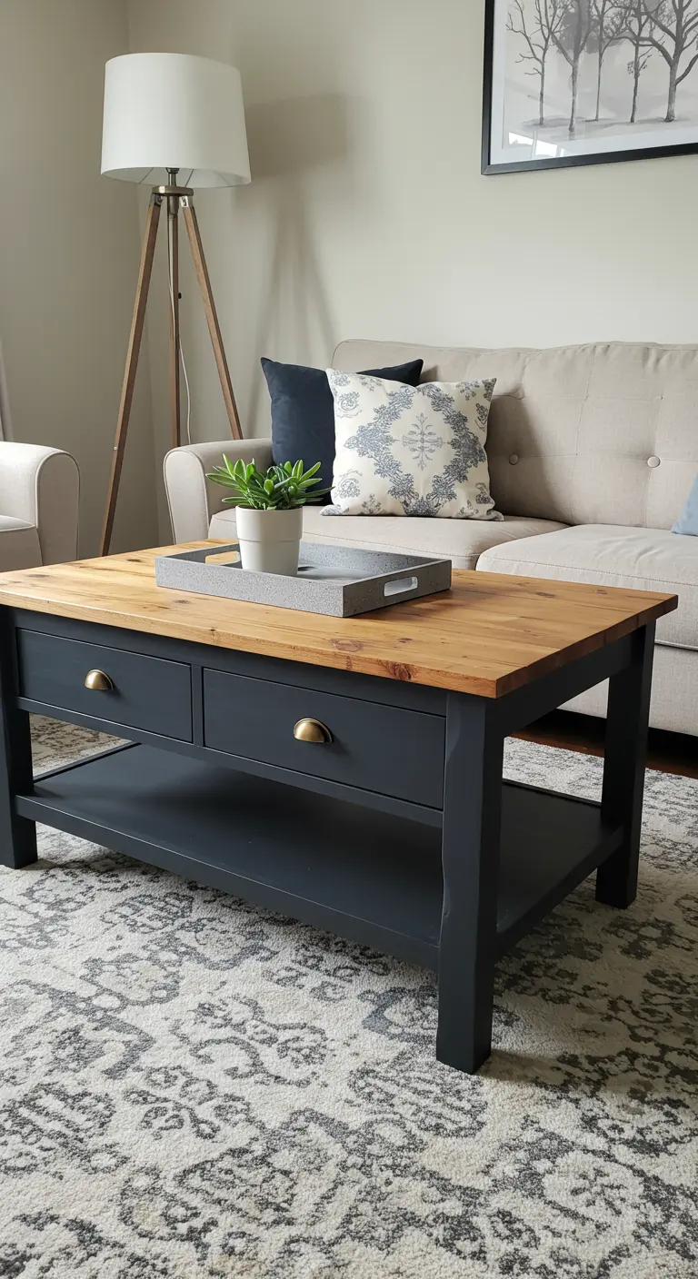Salontafel met donkergrijs geverfd onderstel en naturel houten blad.