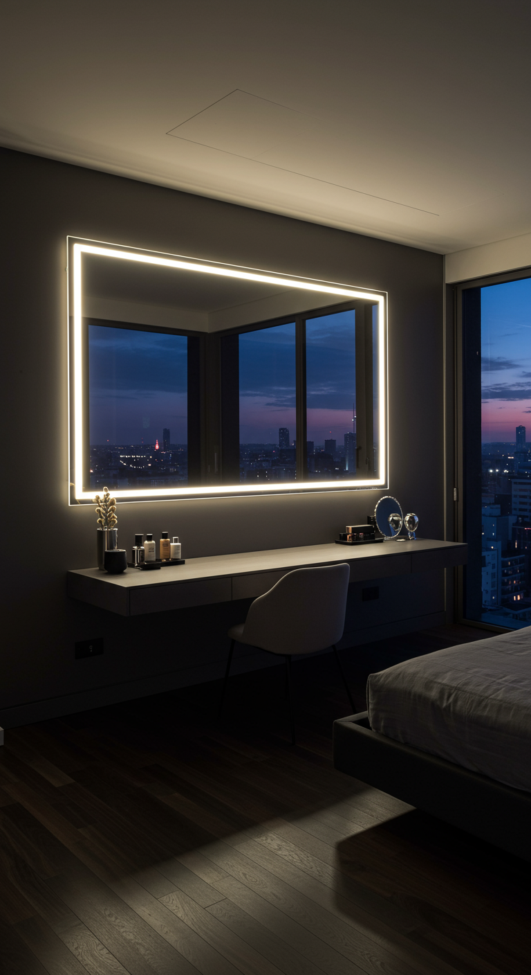 Zwevende kaptafel met grote spiegel met LED-verlichting in moderne slaapkamer.