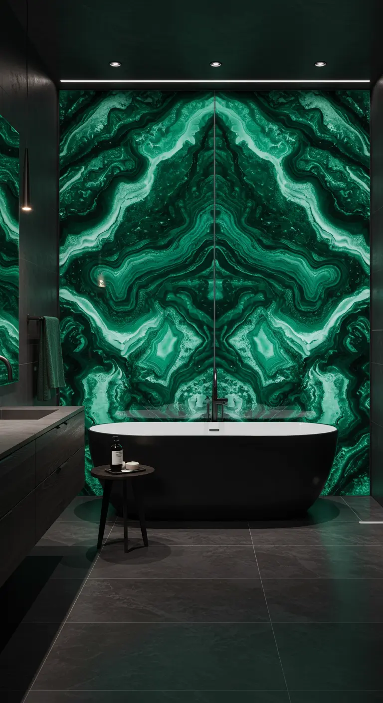 Donkere badkamer met vrijstaand zwart bad voor een glazen wand met diepgroene malachietprint.