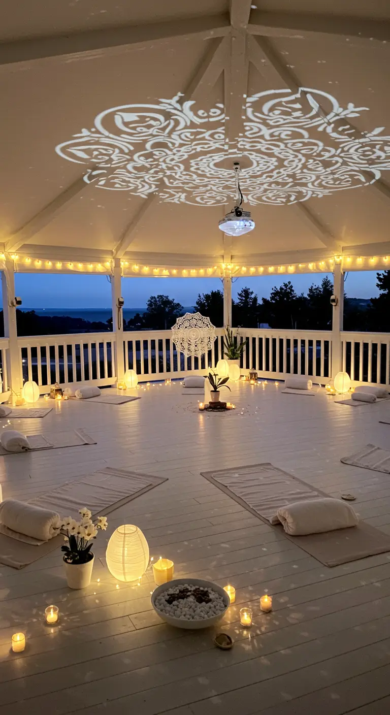 Witte gazebo 's avonds, met geprojecteerde mandala op plafond en lichtslingers.