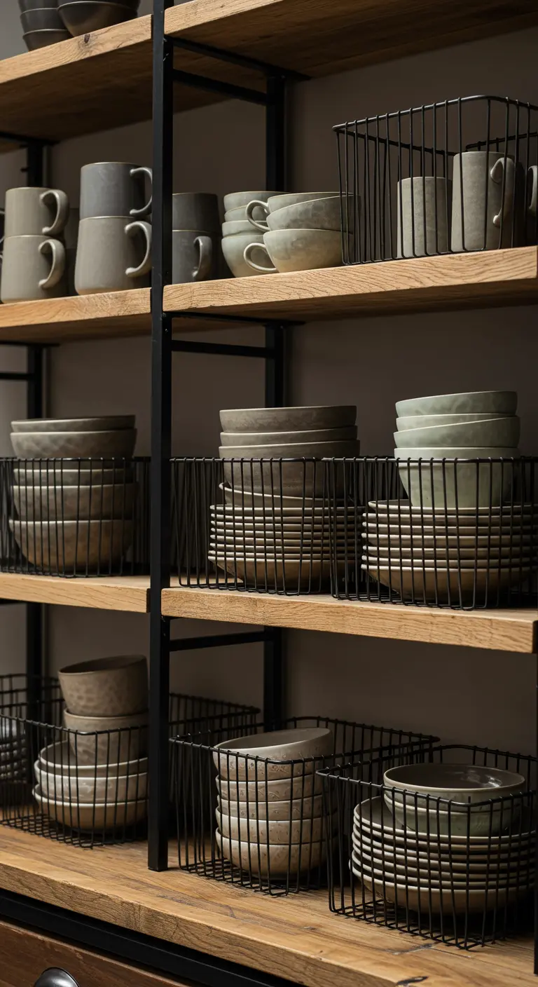 Houten planken met metalen draadmanden waarin stapels aardewerken servies zijn georganiseerd.
