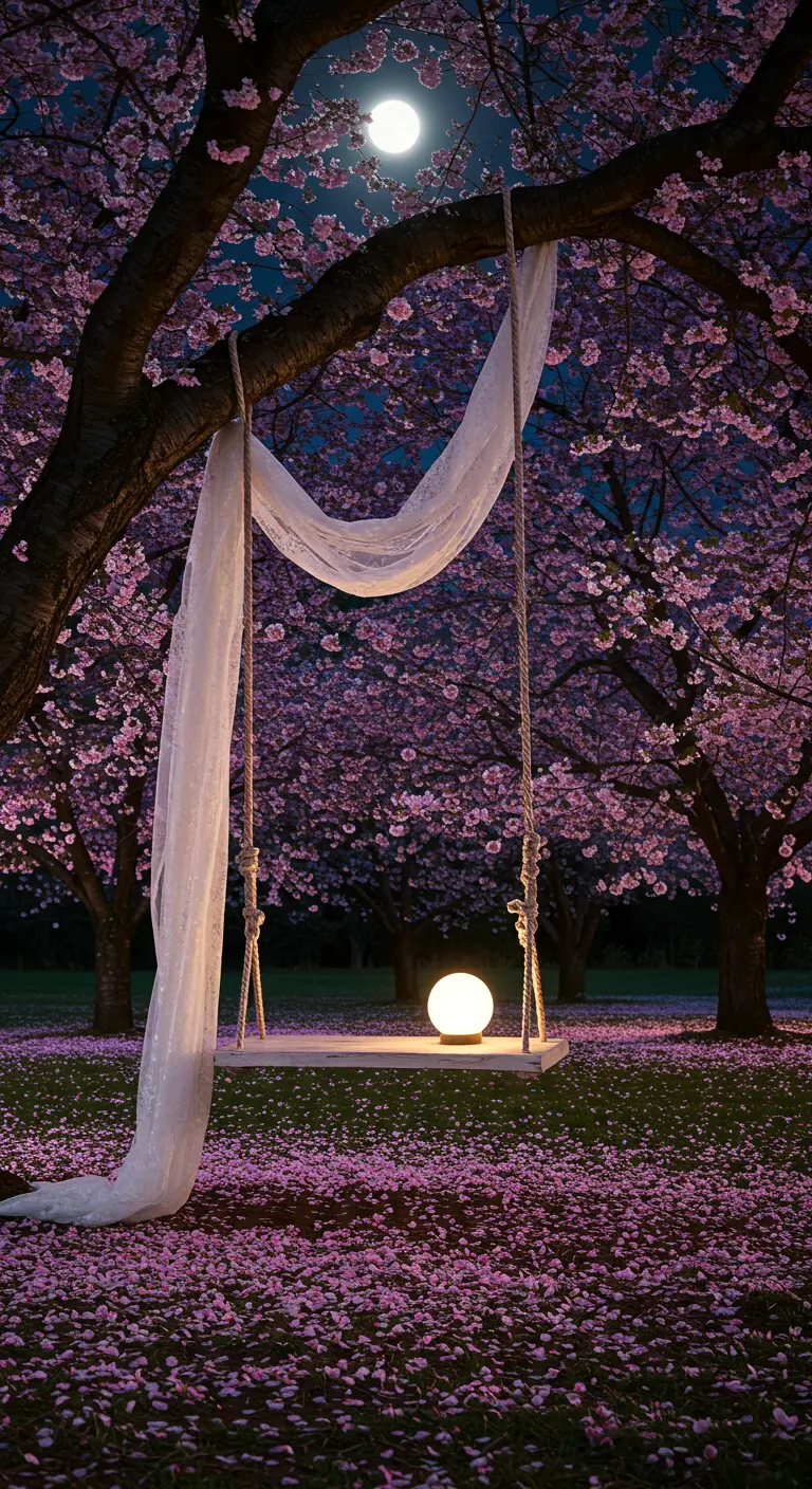 Houten schommel met lichtbol en witte sluier onder bloeiende boom bij maanlicht.