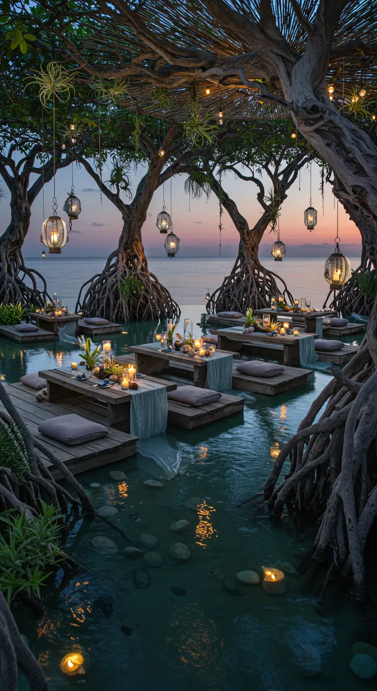 Feestsetting met lage houten tafels in ondiep water, omringd door mangrove-achtige bomen en lantaarns.