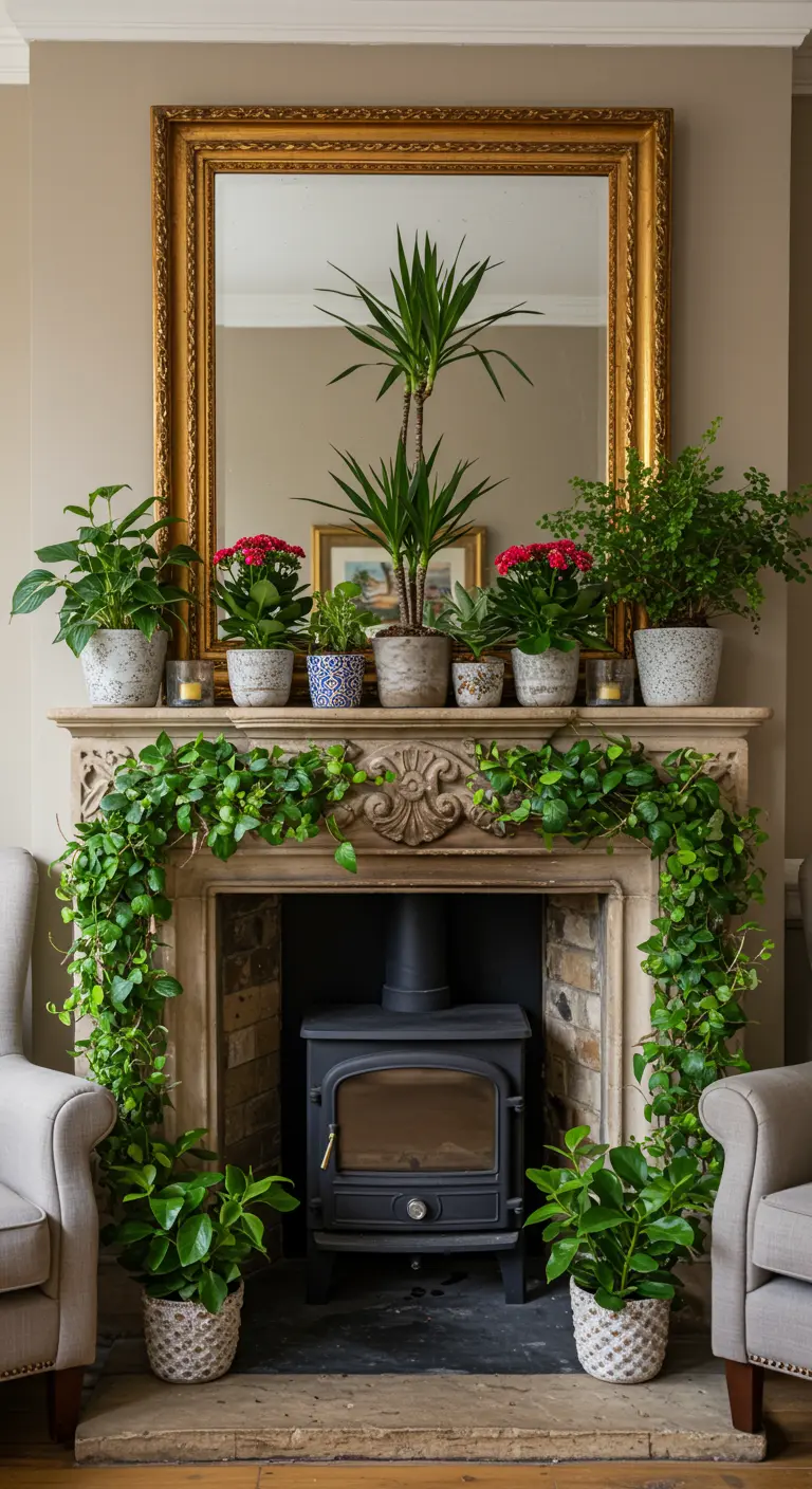 Schouw versierd met diverse potplanten en een groene guirlande van klimop.