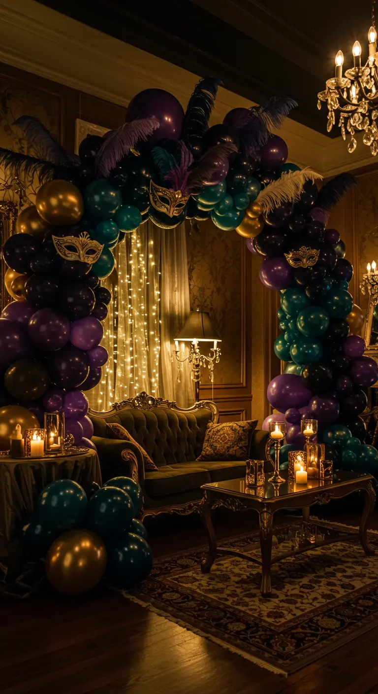 Mardi Gras thema kamer met paars, groen, gouden ballonnenboog, maskers en lichtslingers.
