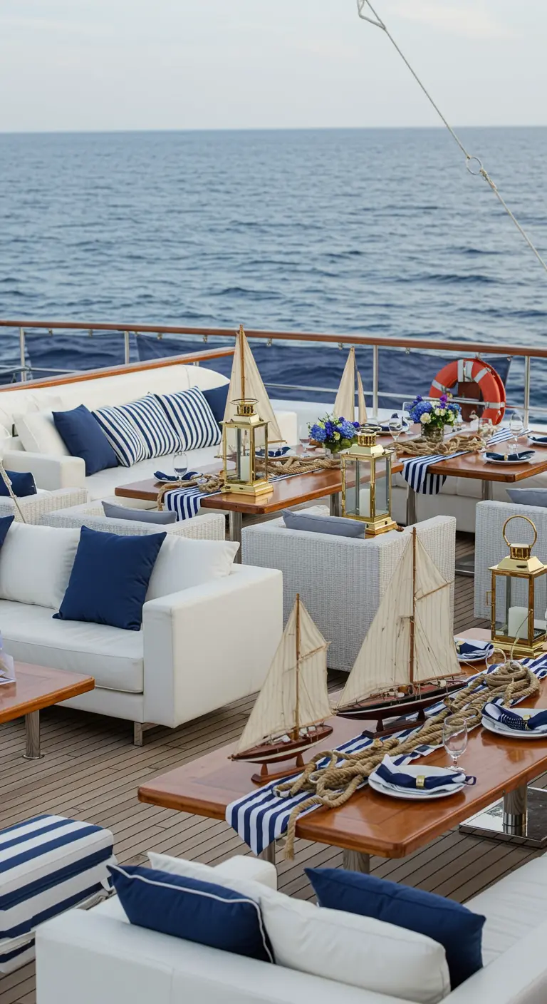 Maritieme setting op een dek met marineblauwe en witte decoratie.