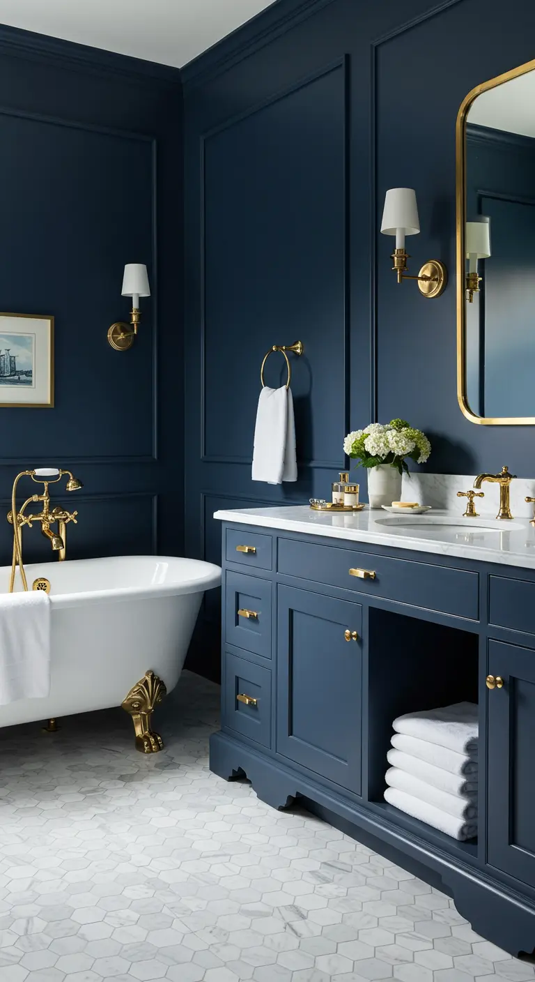 Elegante badkamer met marineblauwe muren en lambrisering, en gouden accenten.