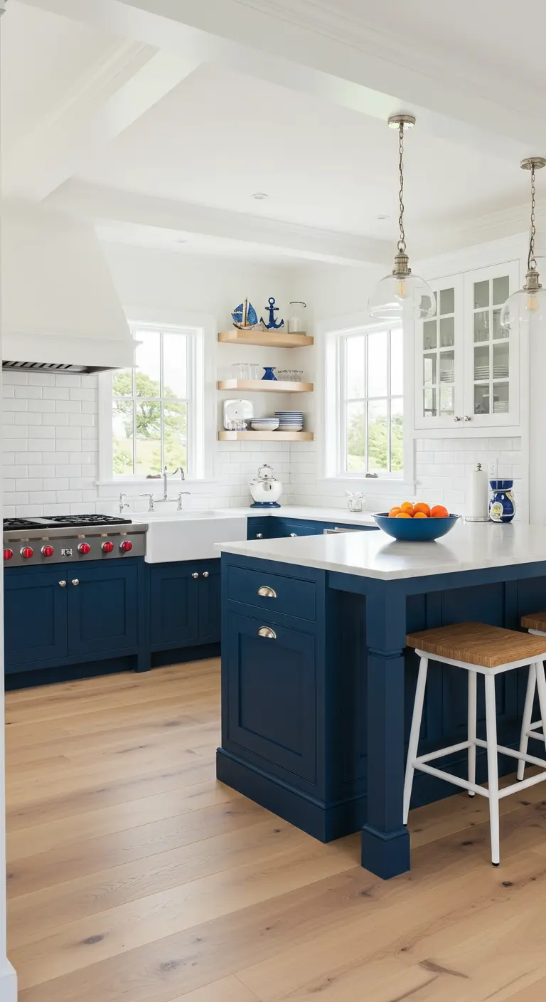 Kuststijl keuken met marineblauwe onderkasten, witte bovenkasten en houten accenten.