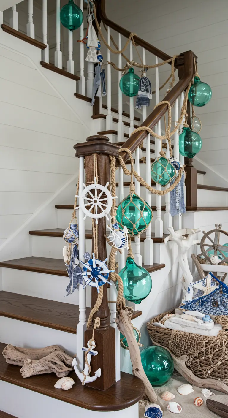 Witte trap met maritieme decoratie: touw, glazen drijvers, schelpen en drijfhout.