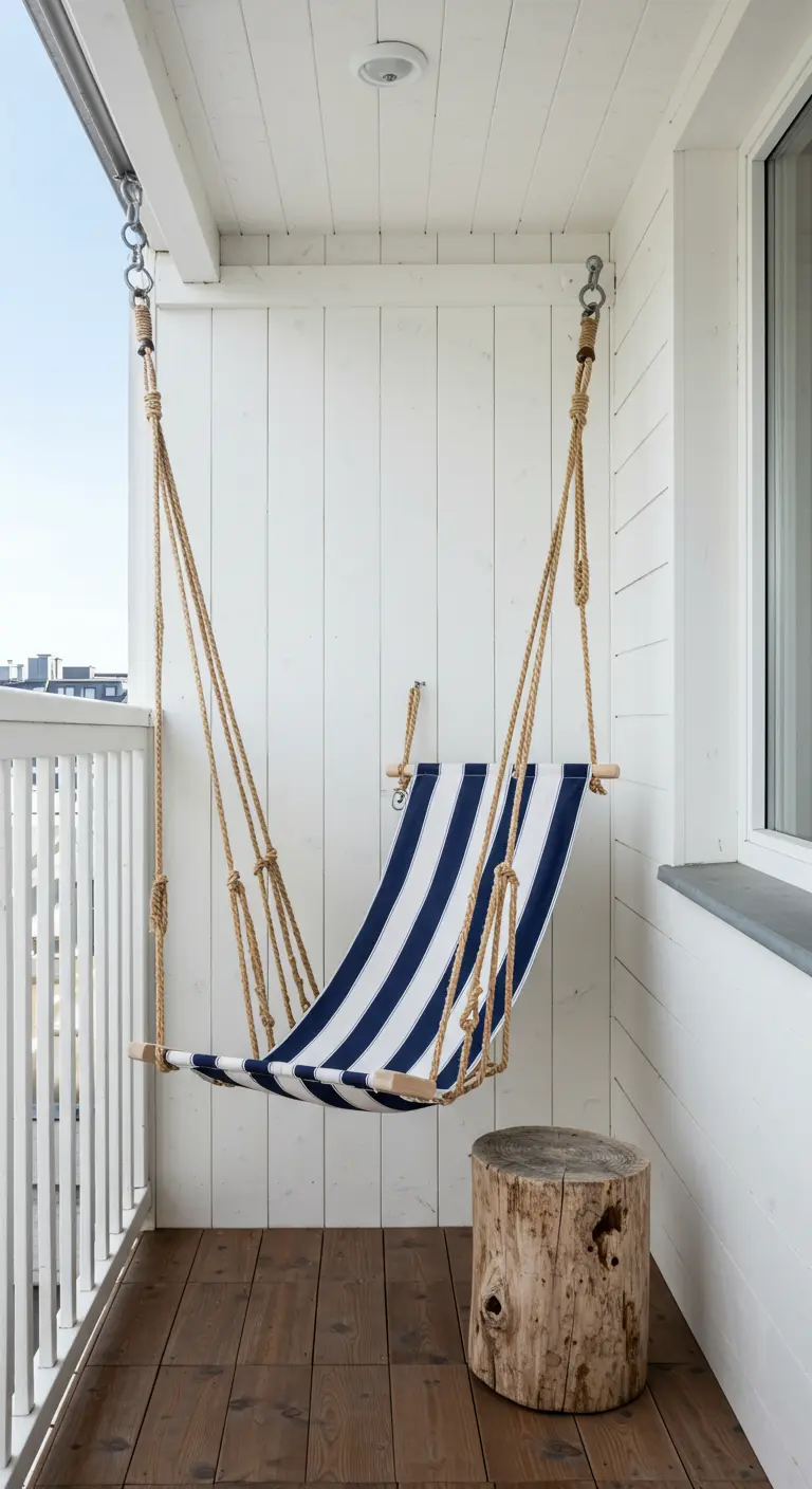 Wit-blauw gestreepte stoffen hangstoel tegen witte houten wand, met boomstronk als tafeltje.