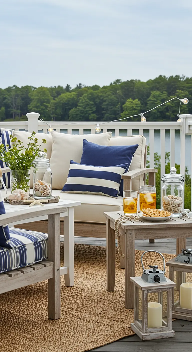 Balkon met nautisch thema: wit hout, blauw-witte strepen, schelpen en lantaarns.