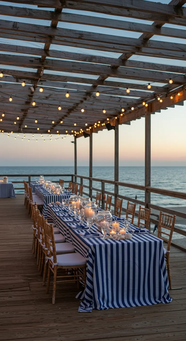 Lange dinertafel aan zee met blauw-wit gestreept tafelkleed, kaarsen en lichtslingers.