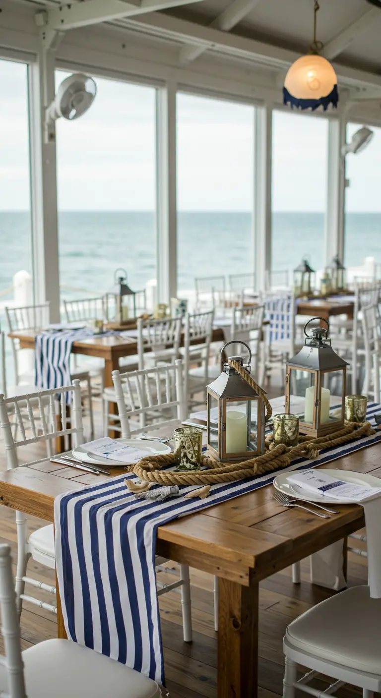 Receptietafel met blauw-wit gestreepte loper, lantaarns en touwdetails voor een maritiem thema.