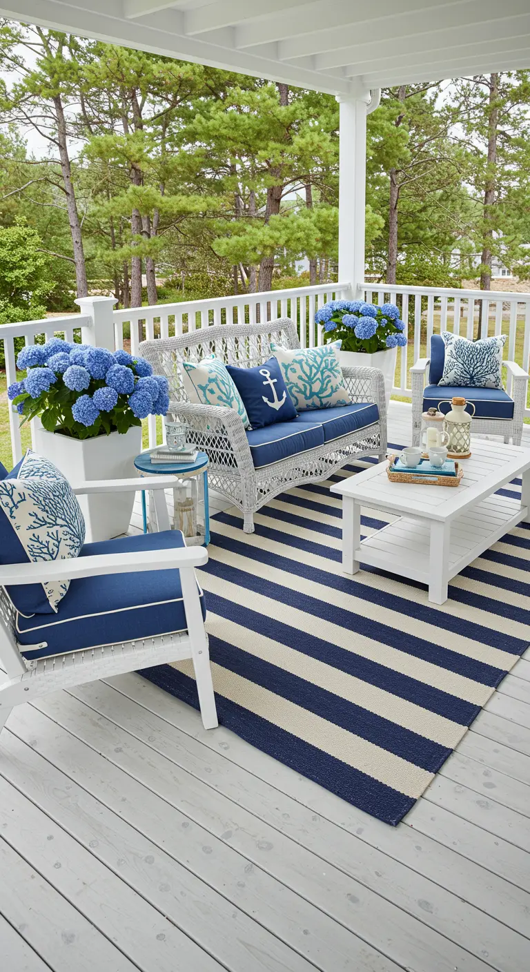 Witte rieten meubels met marineblauwe kussens met koraal- en ankerprint.