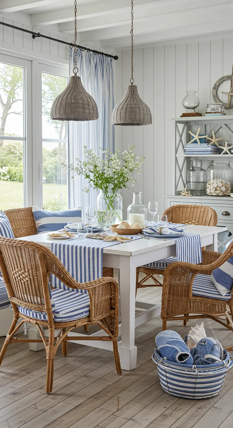 Lichte eethoek met witte tafel, rotan stoelen en blauw-wit gestreepte kussens en tafelloper.