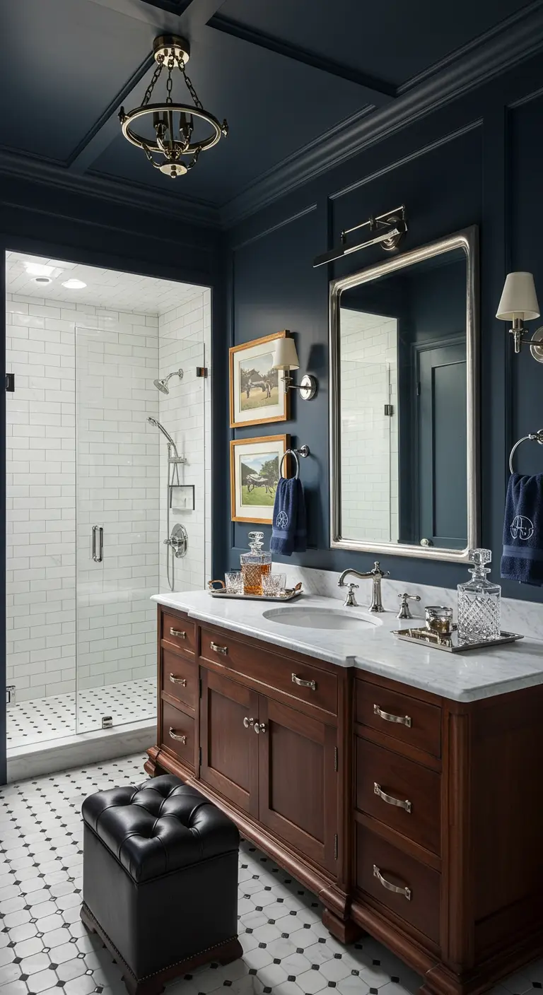 Klassieke badkamer in marineblauw en mahoniehout met witte metrotegels in douche.